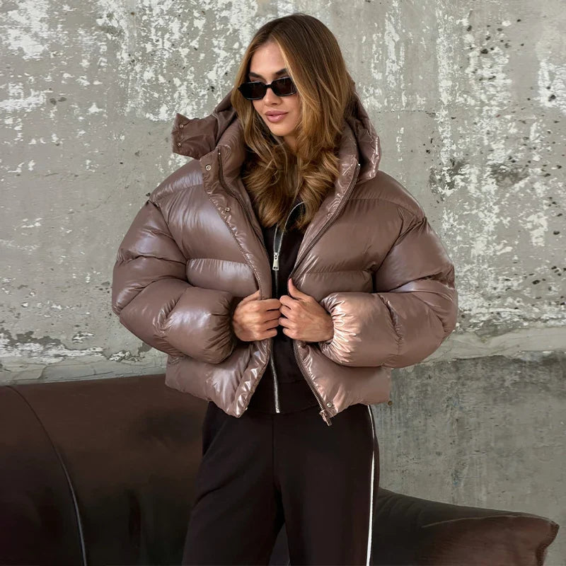 Damen Glänzende Pufferjacke mit Kapuze Kurz Daunenjacke