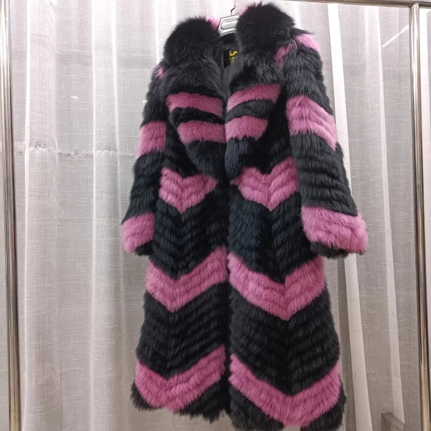 Damen Langer Mantel mit Pelz-Optik im Chevron-Muster