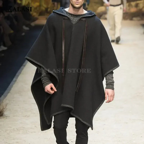 Herren Kapuzen-Poncho Schwarz Cape Weites Design