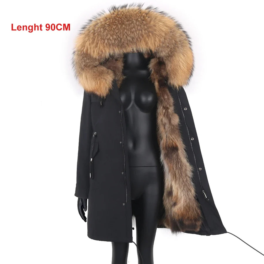 Parka mit Fellkapuze & Fellfutter langer Wintermantel Damen