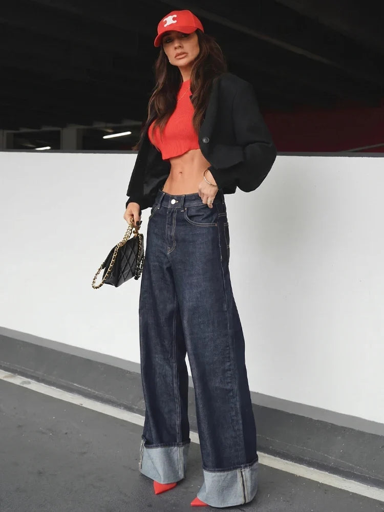 Wide leg-jeans voor dames, donkerblauw, met omslag en lichte naden