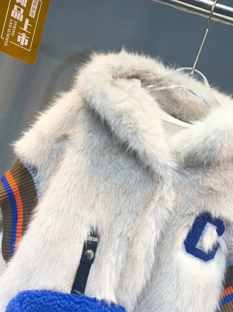 Unisex Winterjacke Teddyfell Optik Beige mit Blauer Tasche und Kapuze