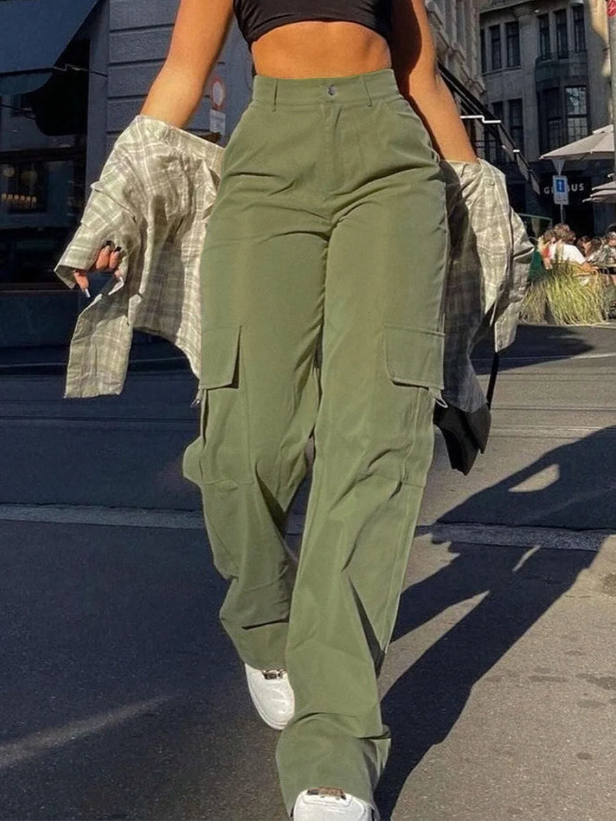 Damen Cargo Hose Weites Bein Hoher Bund Patch-Taschen