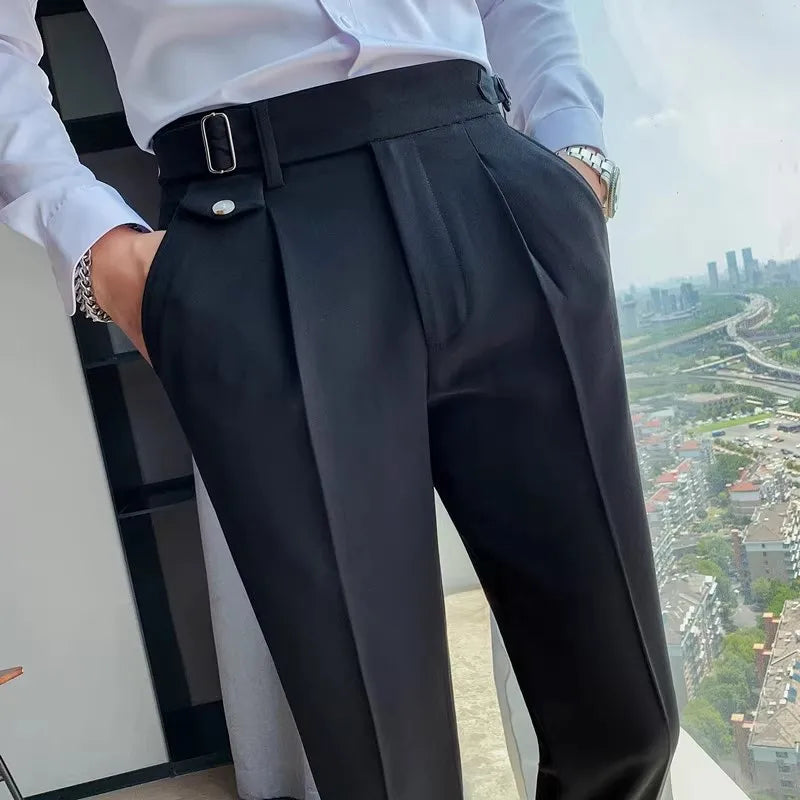 Herren Business Anzughose Slim Fit Bundfalten Hose mit Schnalle