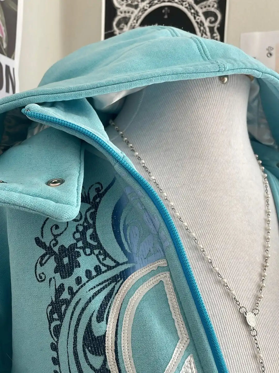 Unisex Kapuzenpullover mit Reißverschluss, türkis, grafisches Muster