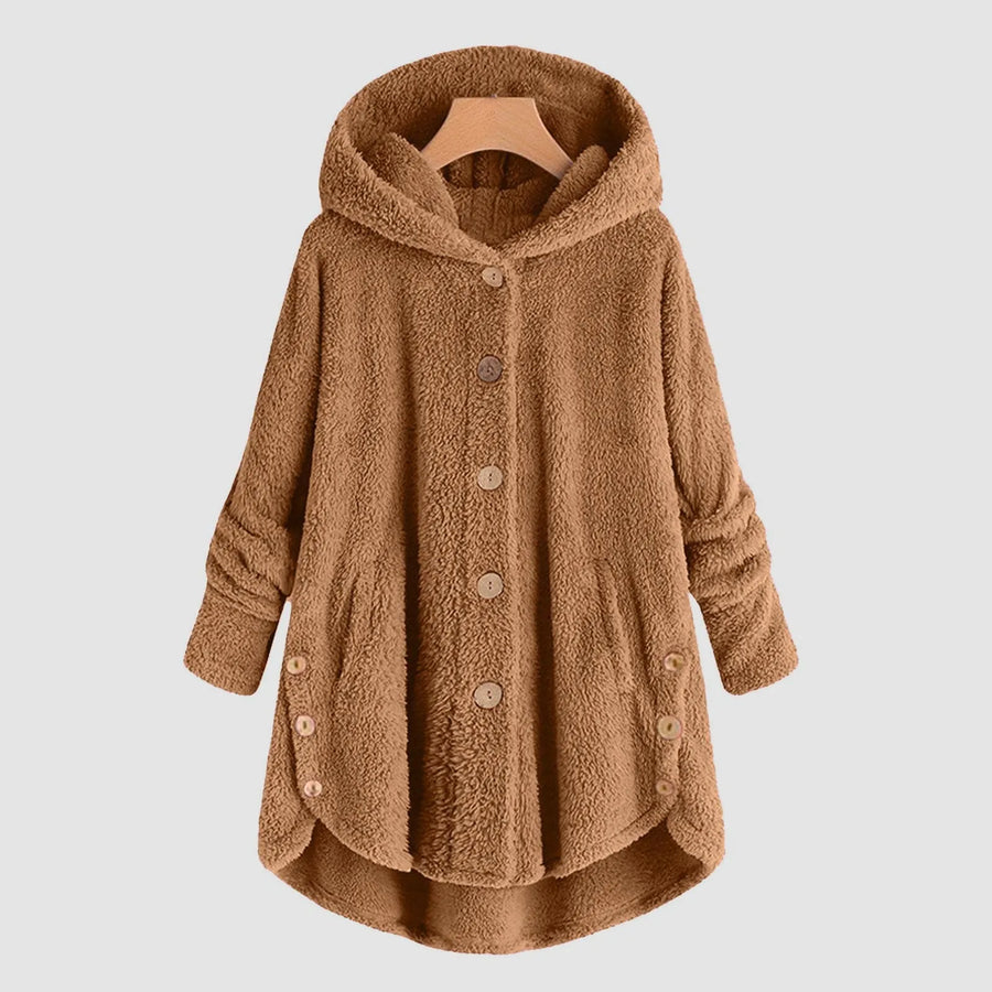 Damen Teddy-Fleece Jacke mit Kapuze und Knöpfen