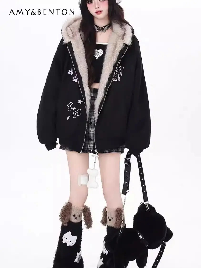 Damen Jacke mit Kapuze, Teddy-Ohren und Pelzimitat Futter