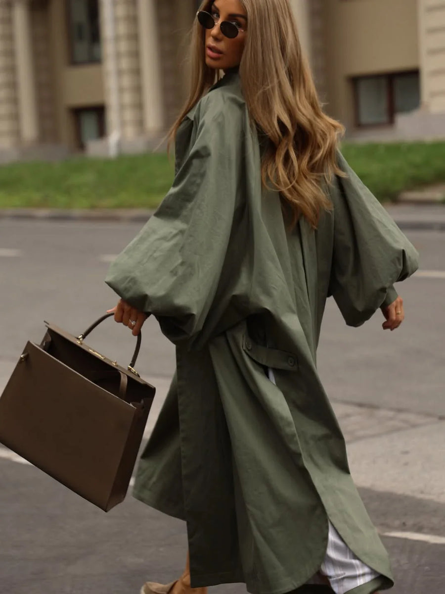 Damen Oversize Trenchcoat mit Ballonärmeln und Bindegürtel