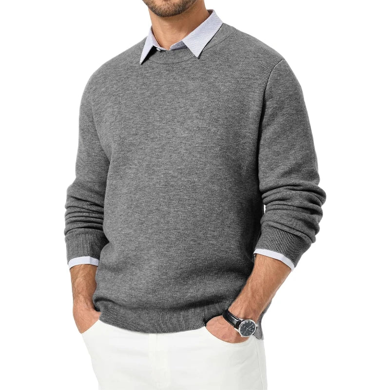 Heren trui met ronde hals – effen, lange mouwen, fijngebreide look