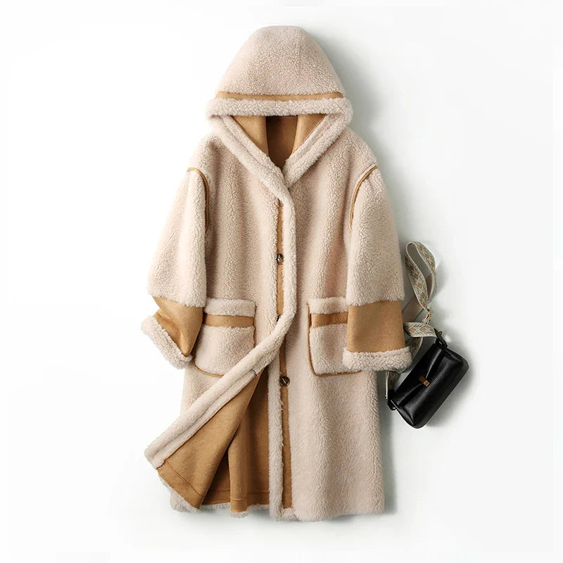 Damen Hooded Teddy Mantel Lang Flauschi Wintermantel mit Kapuze Braun