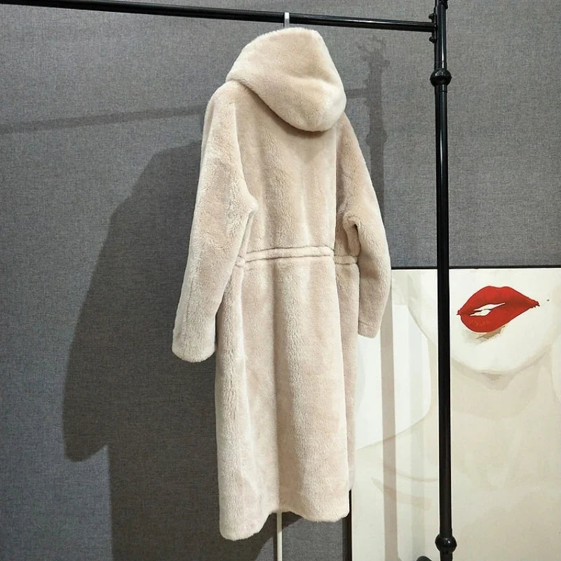 Teddyfell-Mantel mit Kapuze für Damen, Lang, Tunnelzug in der Taille