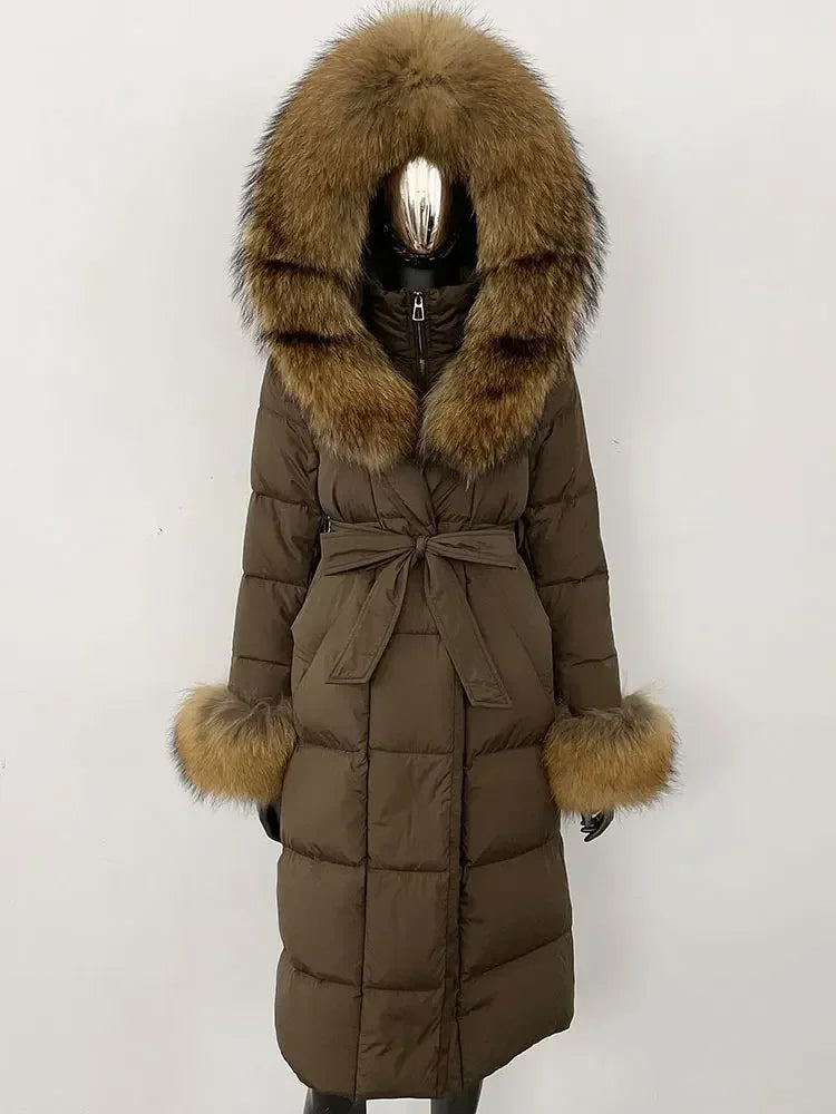 Damen Daunenmantel Lang mit Kapuze und Pelzbesatz Gürtel Steppjacke Warm