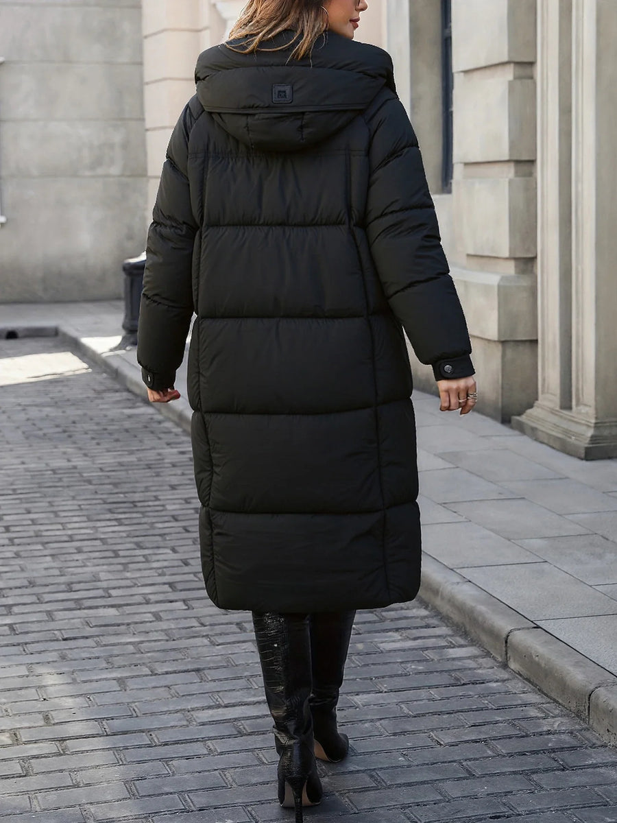 Langer Steppmantel Damen Schwarz mit Kapuze Wintermantel Wattiert