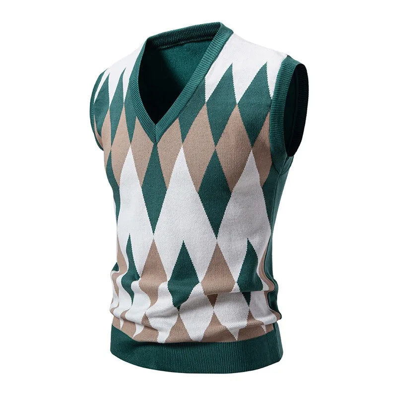 Heren Argyle-tricotvest met V-hals, mouwloze pullover