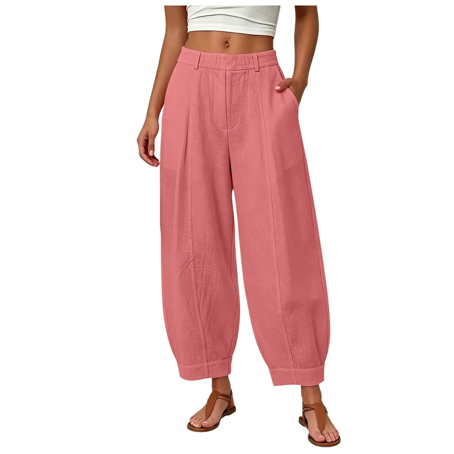 Dames linnen broek met wijde pijpen, hoge taille, elastisch, vrijetijdsbroek