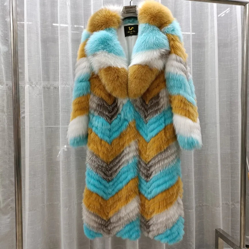 Damen Langer Mantel mit Pelz-Optik im Chevron-Muster