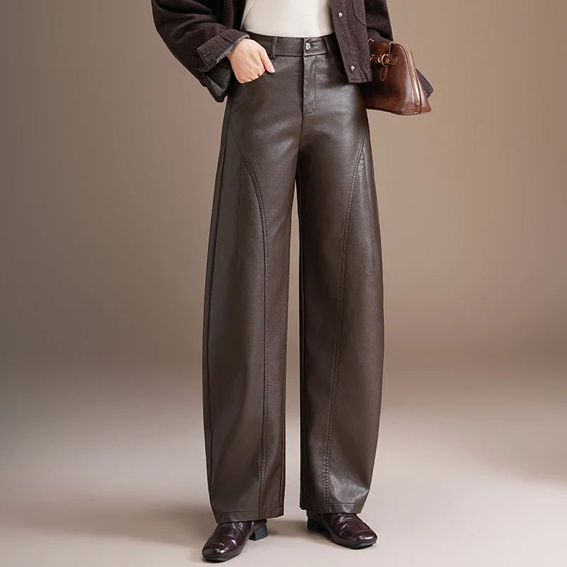 Dameswijde broek met wijde pijpen in lederlook - elegant, hoog getailleerd, bruin of zwart