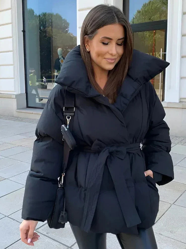 Damen Pufferjacke mit Gürtel Winter Jacke Stehkragen