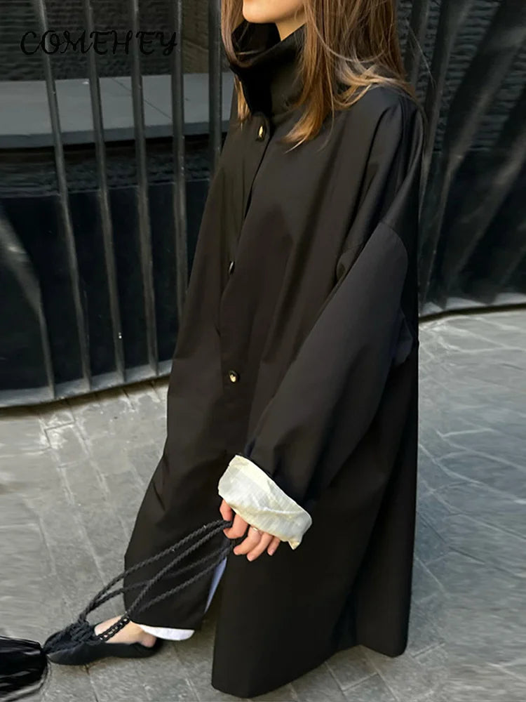 Damen Langer Trenchcoat mit Stehkragen und weitem Schnitt