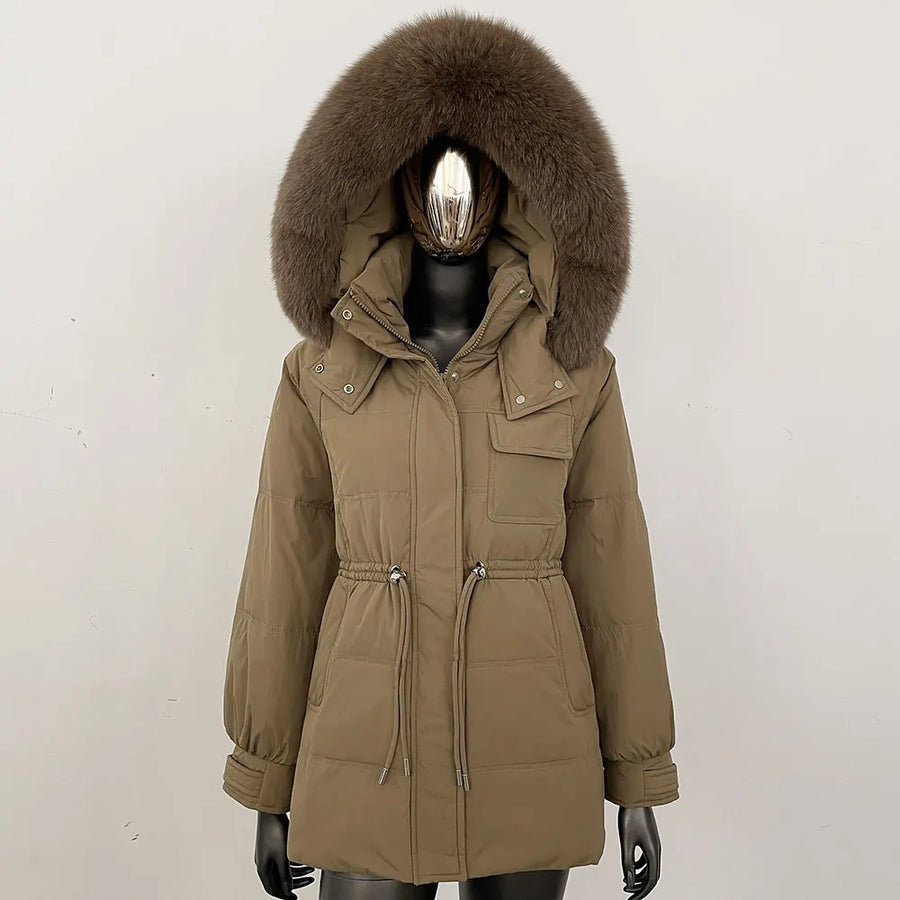 Damen Winterjacke Parka mit Kapuze Kunstfellbesatz Tunnelzug Creme