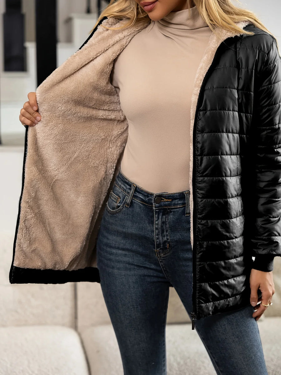 Damen Steppjacke mit Kapuze, gefüttert, lang geschnitten, Warm