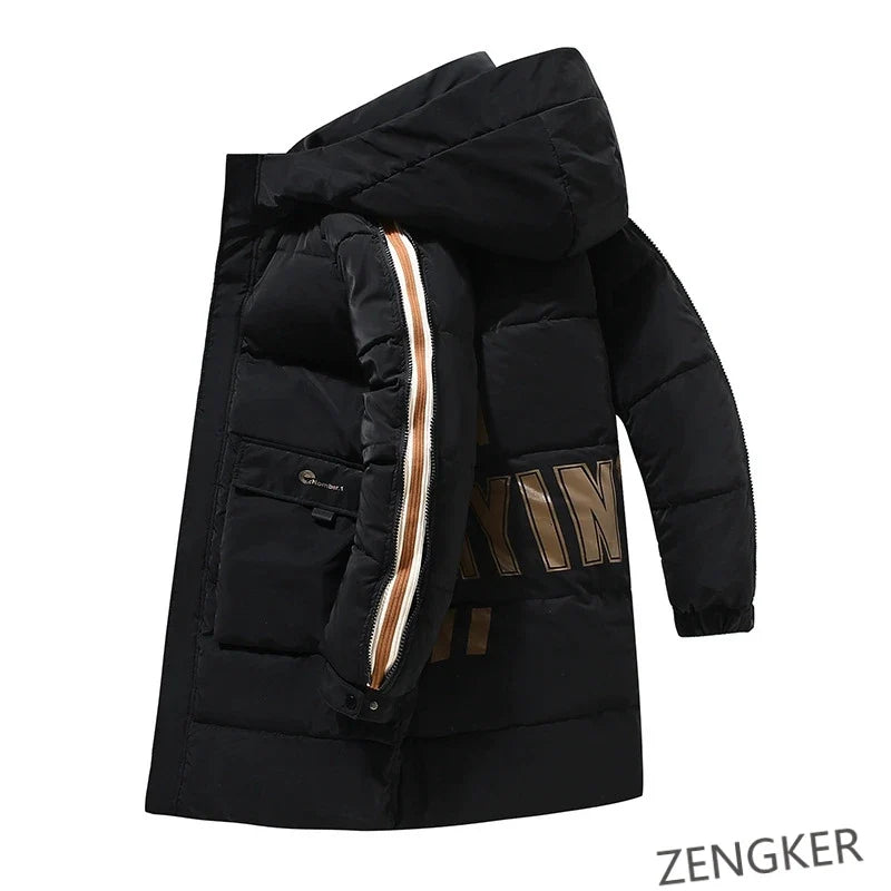 Herren Winterjacke Lang Schwarz Gesteppt mit Kapuze und Reißverschluss