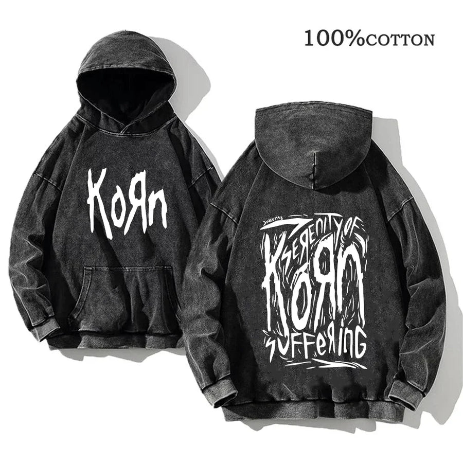 Korn Band Hoodie Unisex Washed Schwarz Kapuzenpullover Oversize