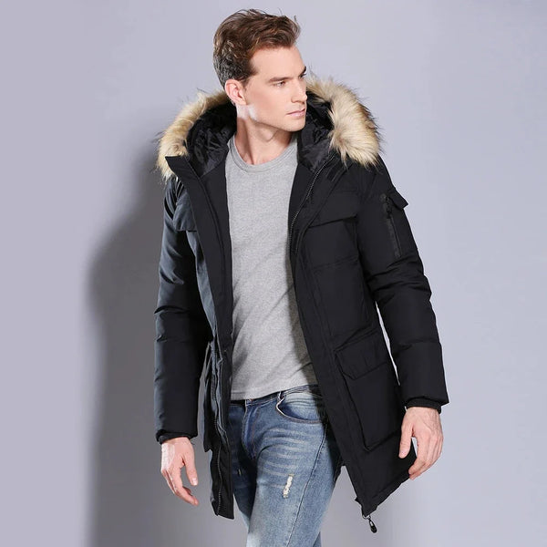 Herren Winterparka Schwarz mit Kapuze und Kunstfellbesatz