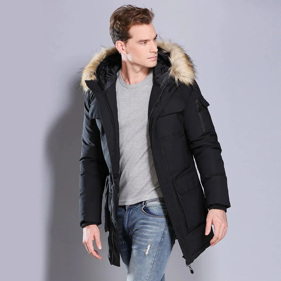 Herren Winterparka Schwarz mit Kapuze und Kunstfellbesatz