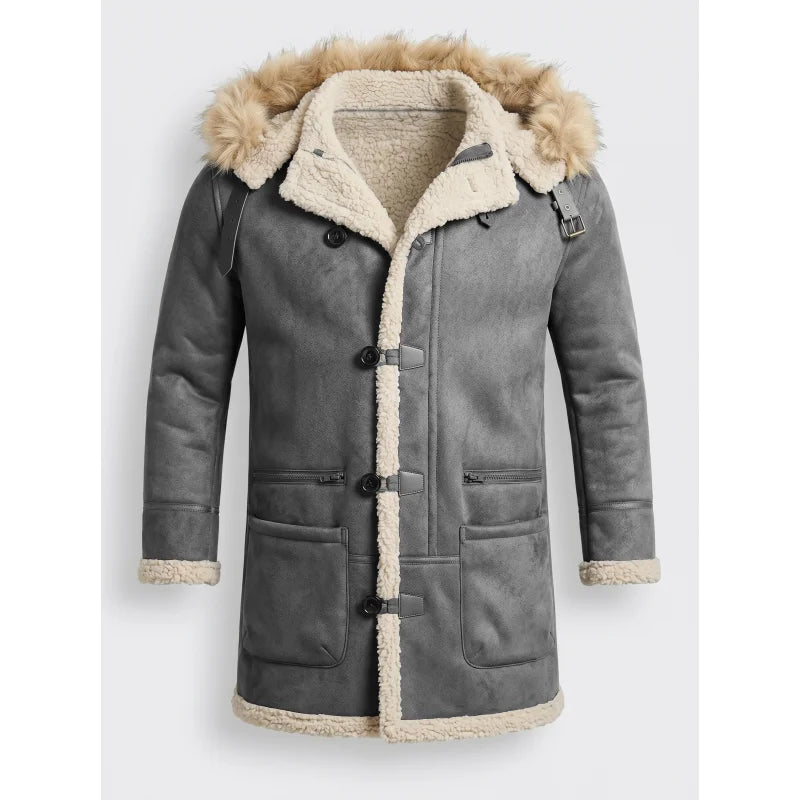 Herren Wintermantel mit Kapuze und Fellimitat-Futter