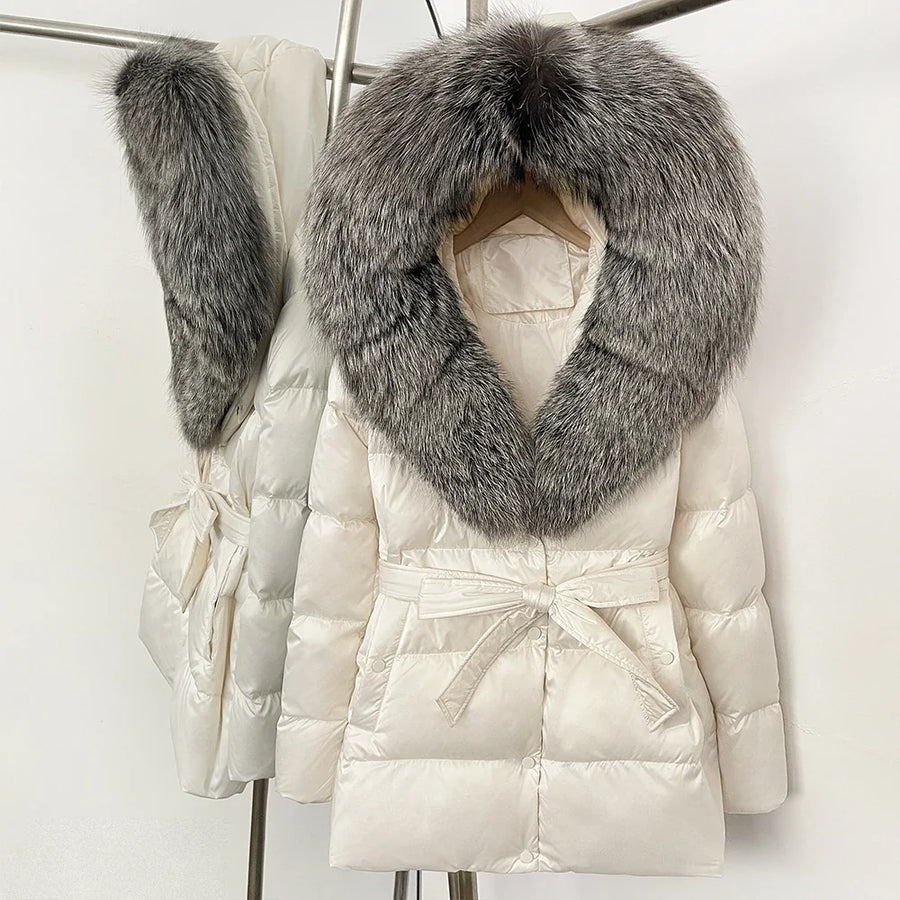 Damen Daunenjacke mit Kunstpelzkragen und Bindegürtel, warme Winterjacke