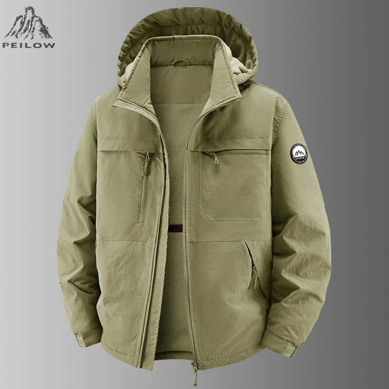 Herren Outdoor Jacke mit Kapuze & Reißverschluss, Mehrere Taschen, Fleece-Futter, Warm