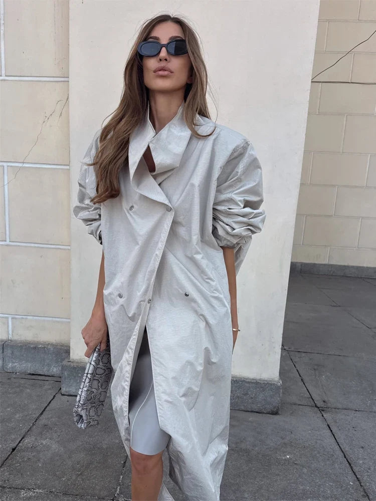 Damen Oversize Trenchcoat Mantel Lang Glockenärmel Stehkragen Gürtel Freizeit Jacke