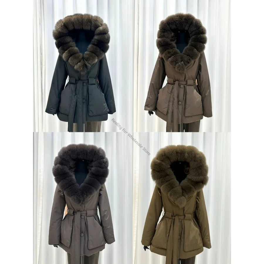 Damen Winterjacke kurz mit großer Pelzbesatz Kapuze und Gürtel