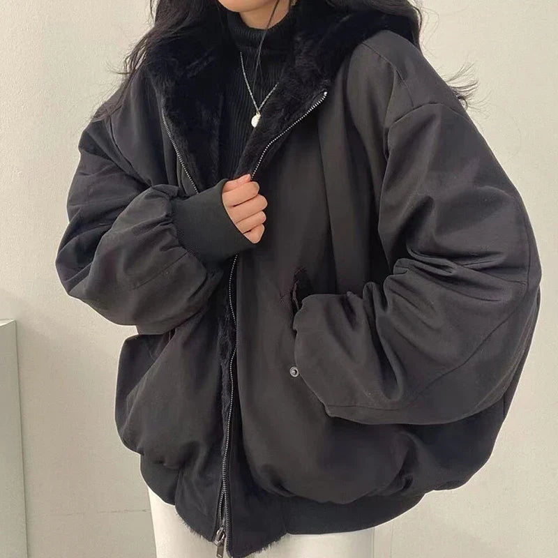 Damen Wendejacke mit Kapuze Teddyfutter Bomberjacke Warm