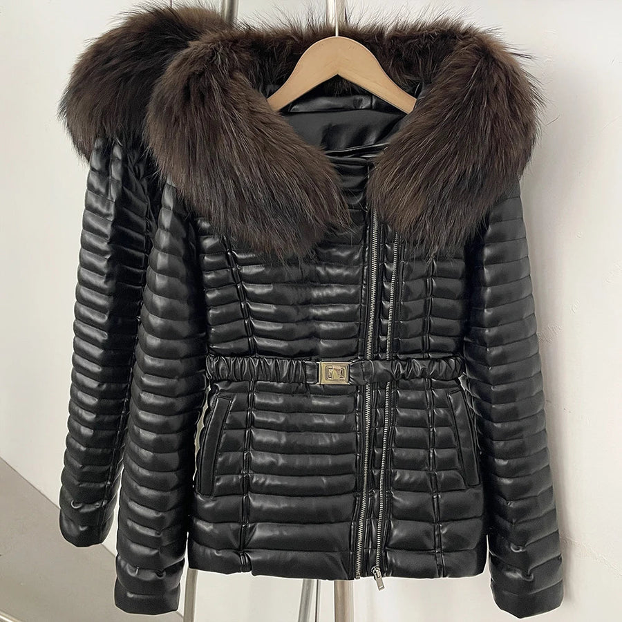 Damen Steppjacke Schwarz mit Pelzbesatz Kapuze Gürtel