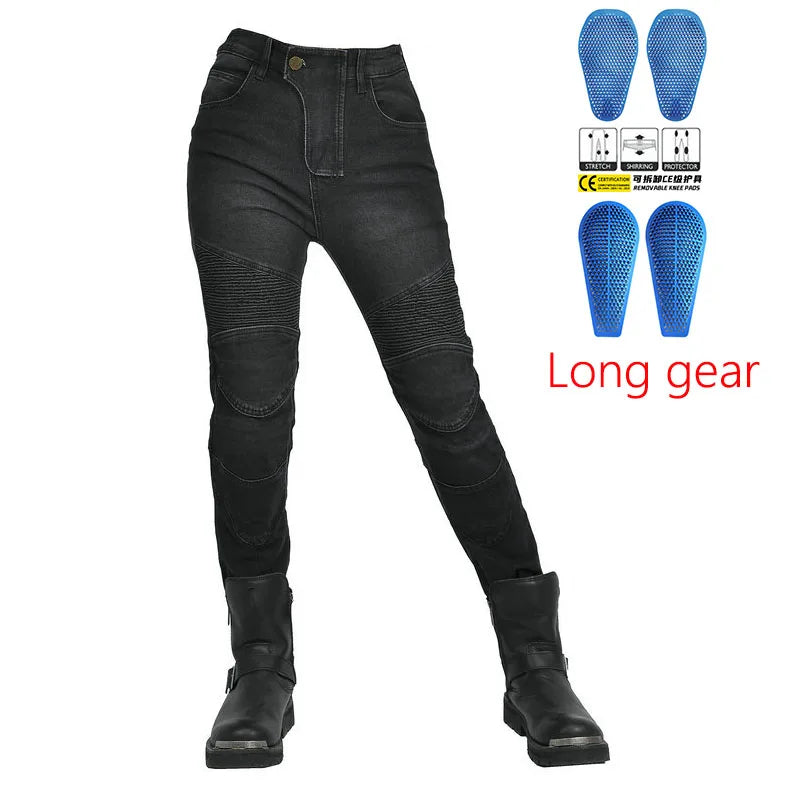 Motorjeans voor dames met protectoren, beschermpads, ribpatroon en slim fit