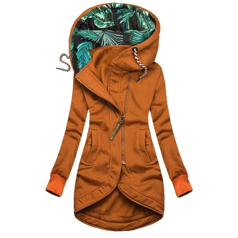 Damen Hoodie Jacke mit asymmetrichem Reißverschluss und Tropenmuster-Kapuzenfutter