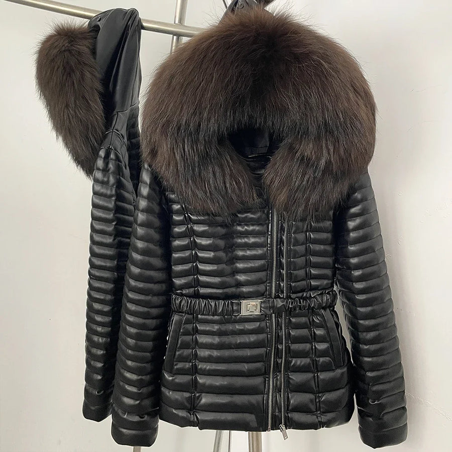 Damen Steppjacke Schwarz mit Pelzbesatz Kapuze Gürtel
