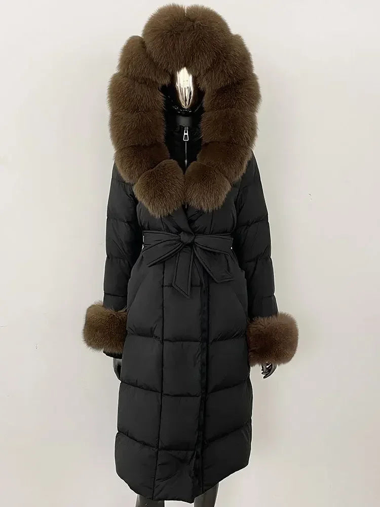 Damen Daunenmantel Lang mit Kapuze und Pelzbesatz Gürtel Steppjacke Warm