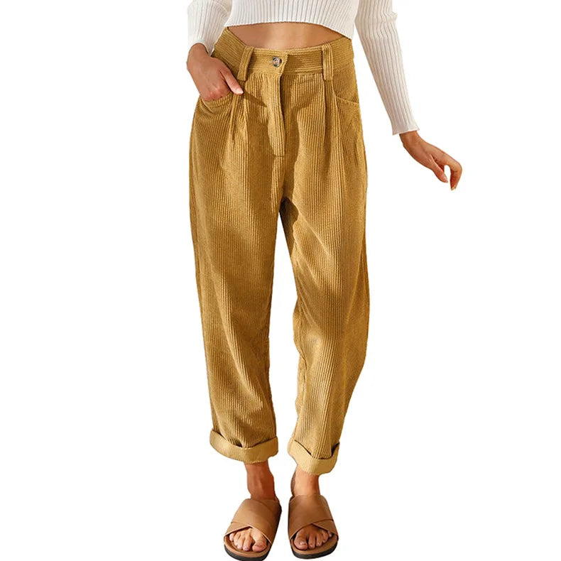 Damen Cordhose mit hoher Taille, weitem Bein und Falten, umgeschlagener Saum, Freizeit-Look