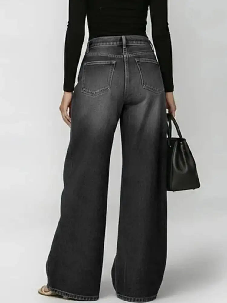 Damen Weite Jeans mit Ösen - Locker geschnitten, Hoher Bund