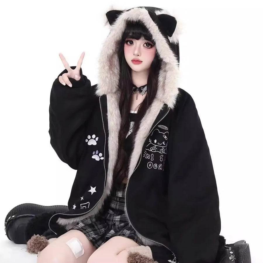 Damen Jacke mit Kapuze, Teddy-Ohren und Pelzimitat Futter