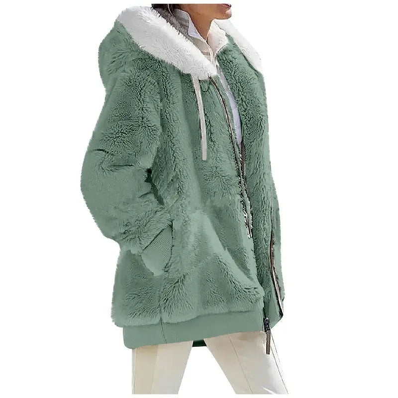 Teddy-Fleece Jacke mit Kapuze und Reißverschluss, flauschig warm