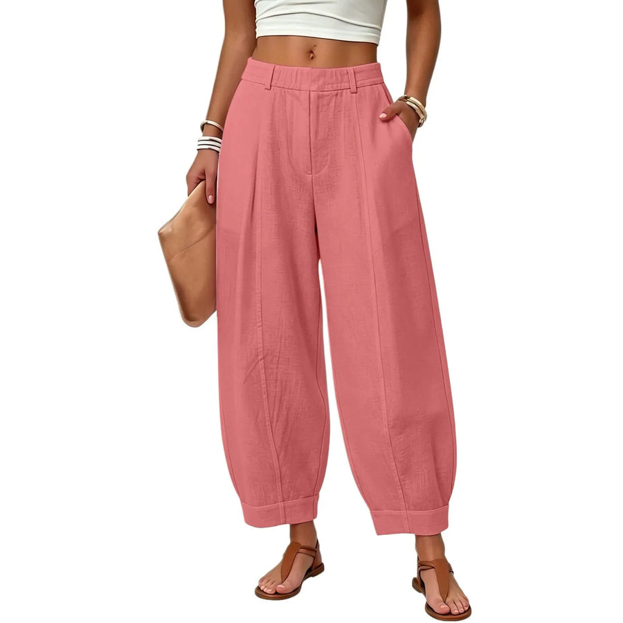 Dames linnen broek met wijde pijpen, hoge taille, elastisch, vrijetijdsbroek