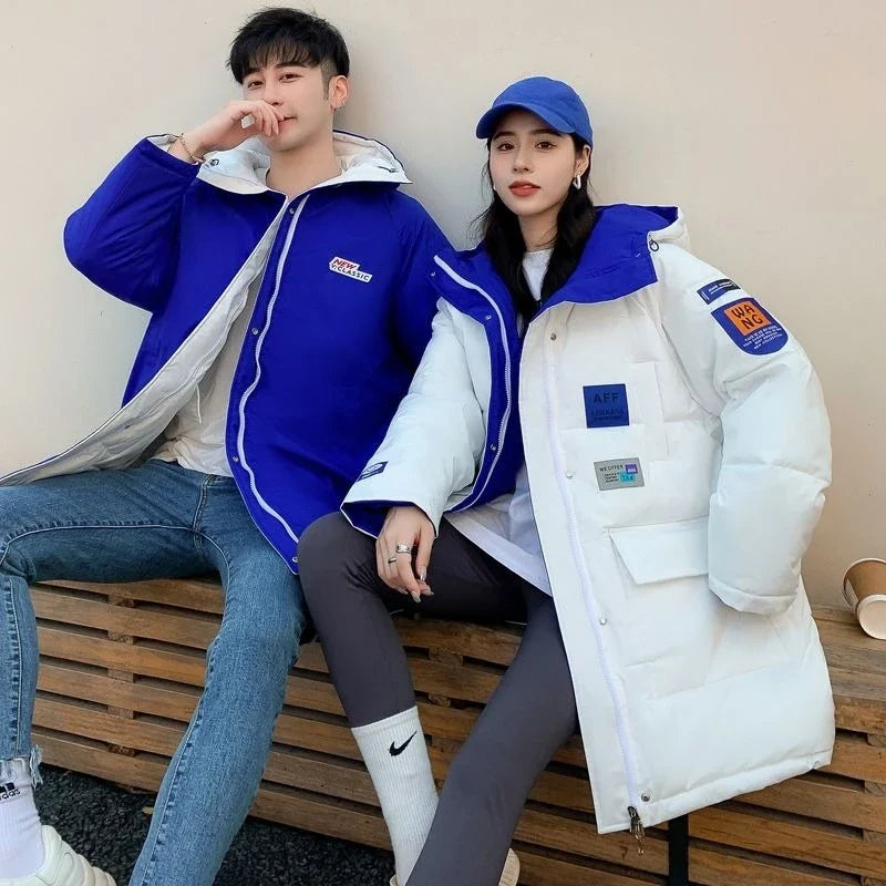 Unisex Winterjacke gepolstert mit Kapuze Schwarz Blau Wendbar