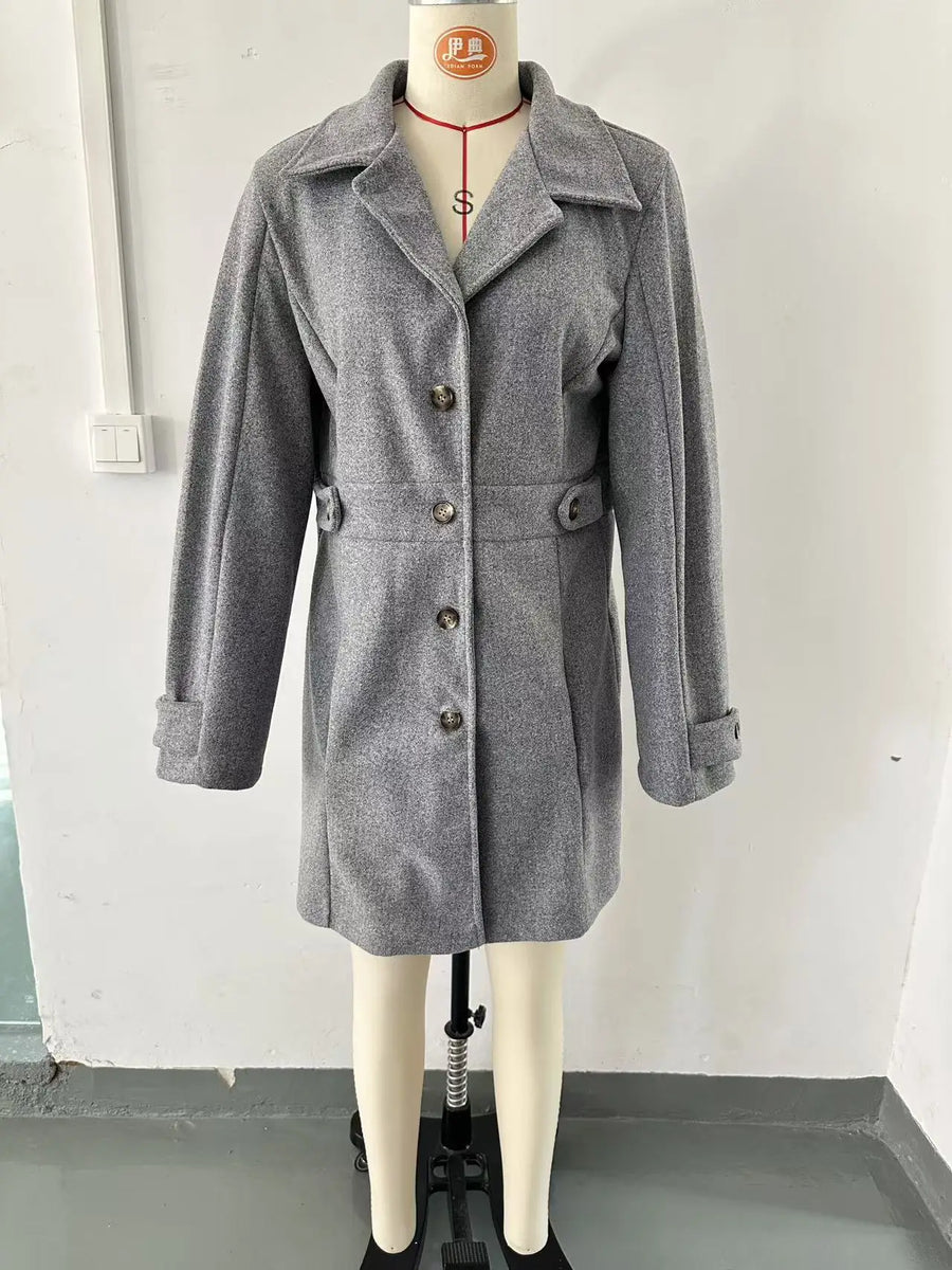 Damen Kurzmantel Grau mit Knöpfen & Taillengürtel-Details, Langarm Jacke