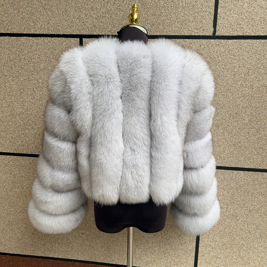 Kurze Damen Kunstpelzjacke mit langen Ärmeln und V-Ausschnitt, mehrfarbig