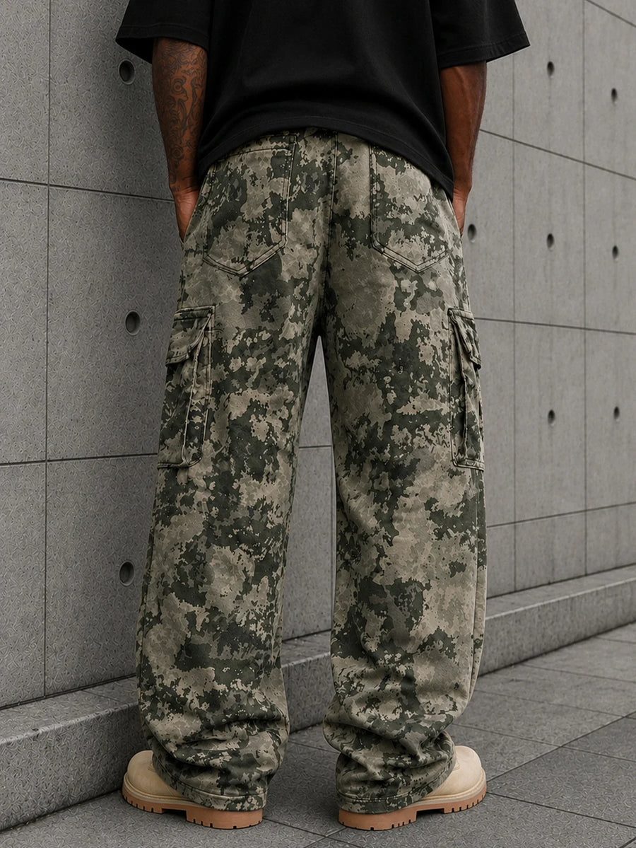 Cargobroek voor heren, camouflage, groene digitale camouflage, losse pasvorm