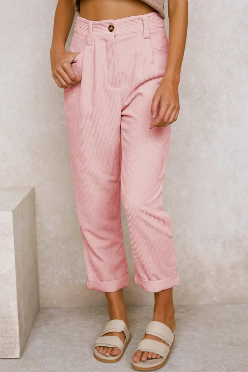 Damen Cordhose mit hoher Taille, weitem Bein und Falten, umgeschlagener Saum, Freizeit-Look